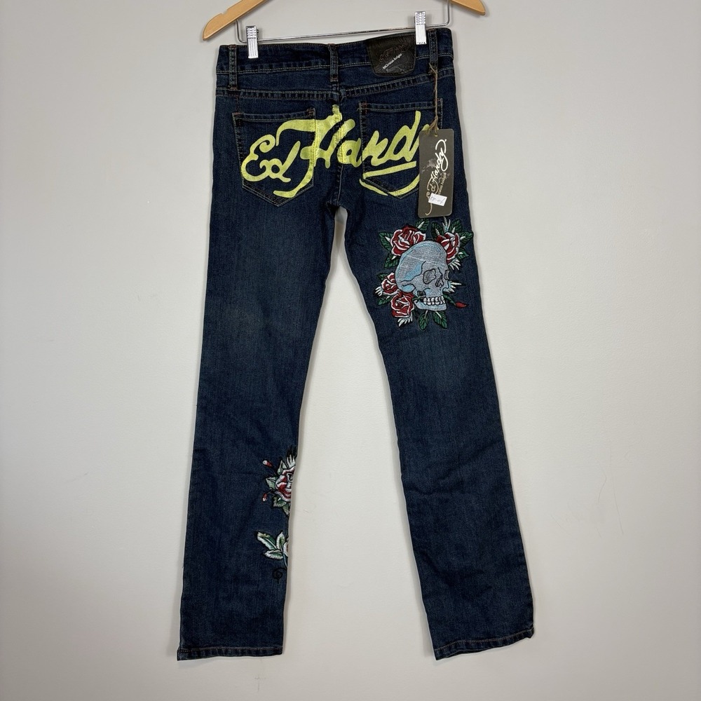 New Vtg Ed Hardy Low Rise Jeans Womens Sz 26/27 Skull Embroidered Y2K Straight